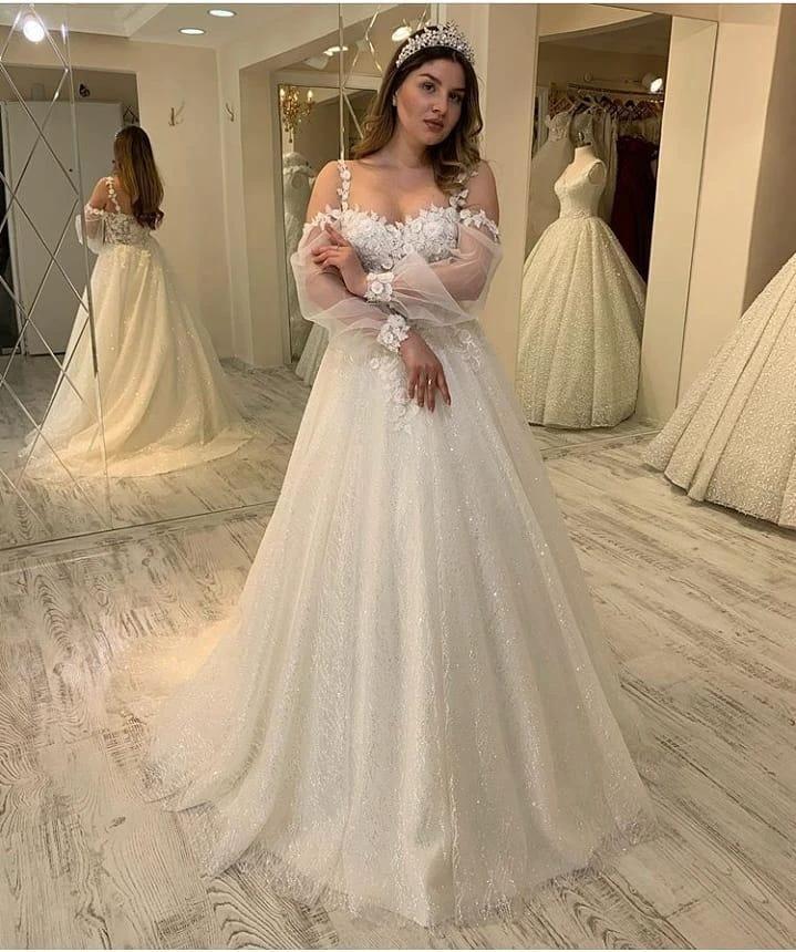 Long A-line Sweetheart Spaghetti Straps Gliiter Wedding Dress with Sleeves (ZD15144)