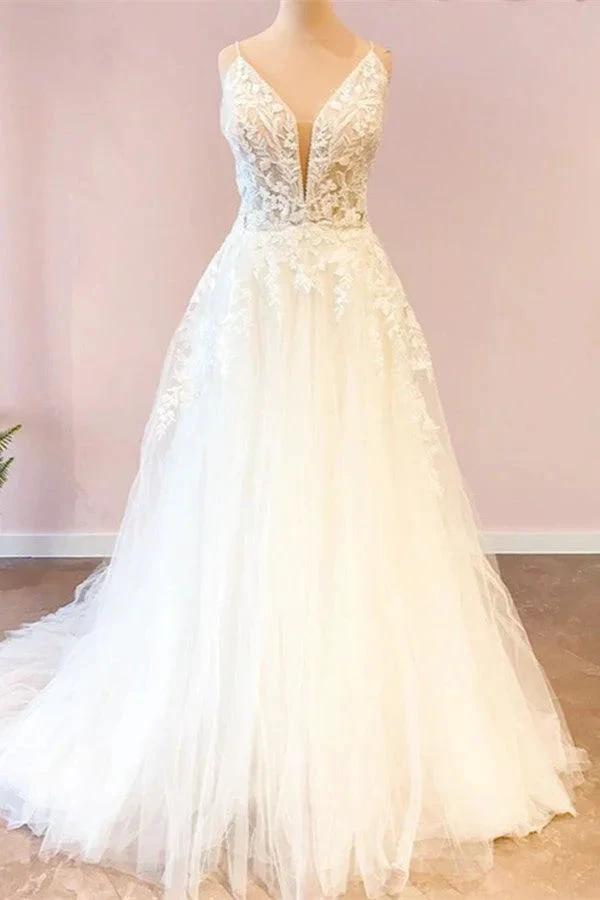 Long A-Line Sweetheart Spaghetti Straps Tulle Wedding Dress (ZD15233)