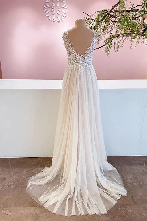 Long A-Line Sweetheart Tulle Backless Wedding Dress With Floral Lace (ZD15242)