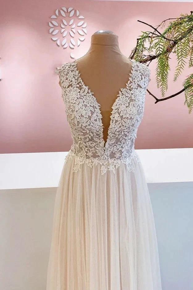 Long A-Line Sweetheart Tulle Backless Wedding Dress With Floral Lace (ZD15242)