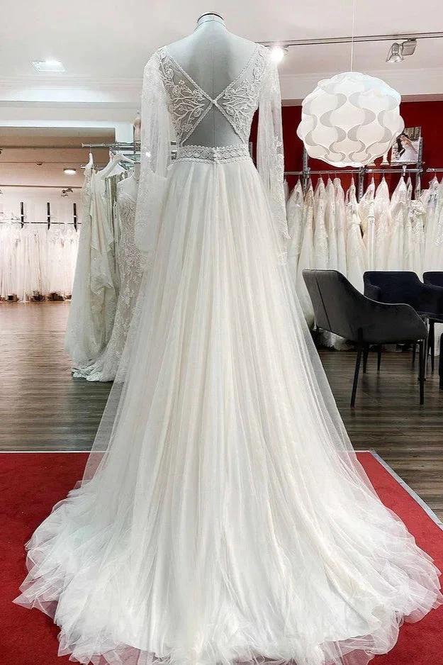 Long A-line Sweetheart Tulle Beadings Lace Appliques Wedding Dresses With Sleeves (ZD15266)