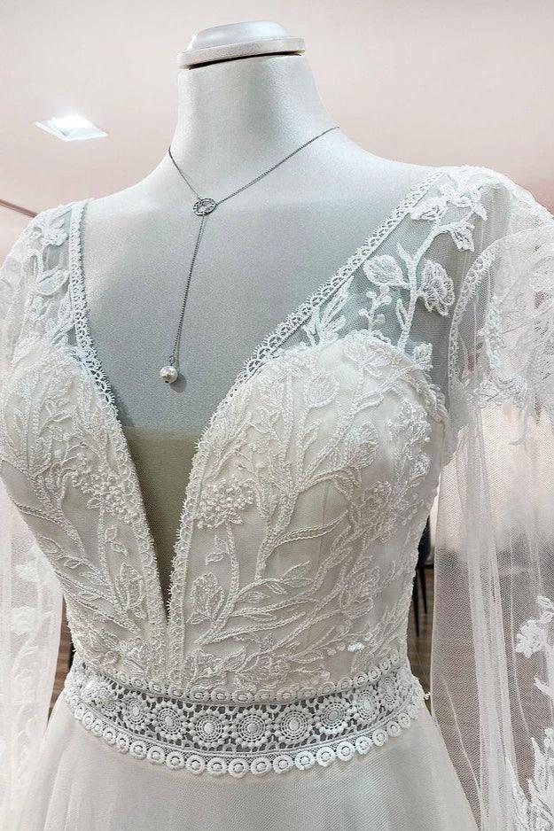 Long A-line Sweetheart Tulle Beadings Lace Appliques Wedding Dresses With Sleeves (ZD15266)