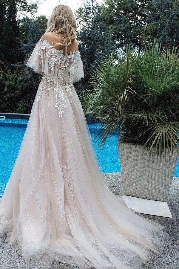 Long A-line Tulle Appliques Lace Off-the-shoulder Wedding Dress (ZD16688)