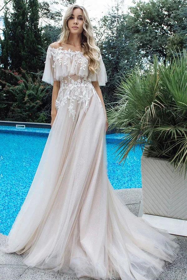 Long A-line Tulle Appliques Lace Off-the-shoulder Wedding Dress (ZD16688)