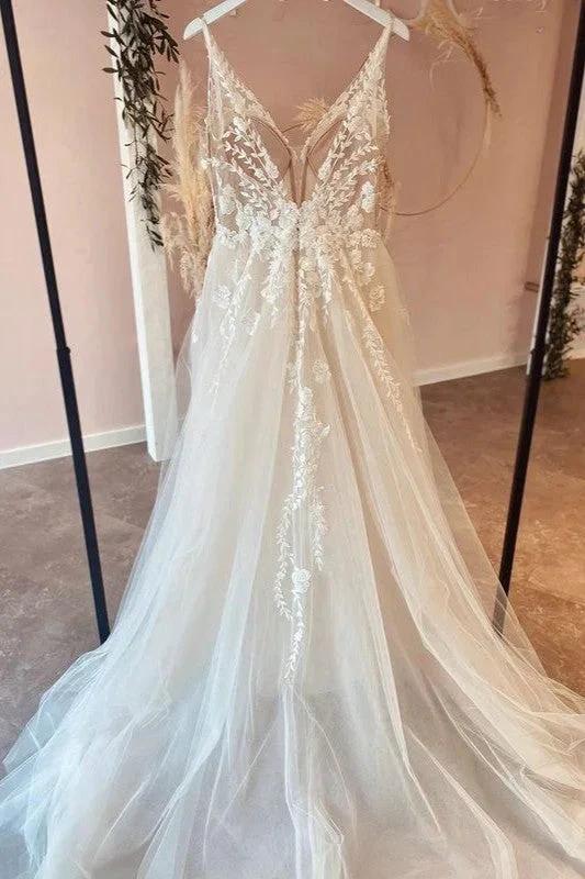 Long A-Line Tulle Appliques Lace Spaghetti Straps V-neck Backless Wedding Dress (ZD15208)