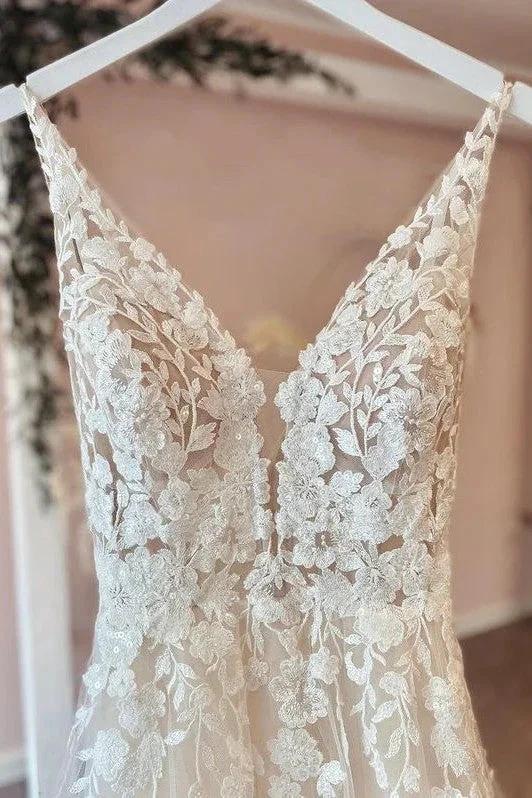 Long A-Line Tulle Appliques Lace Spaghetti Straps V-neck Backless Wedding Dress (ZD15208)