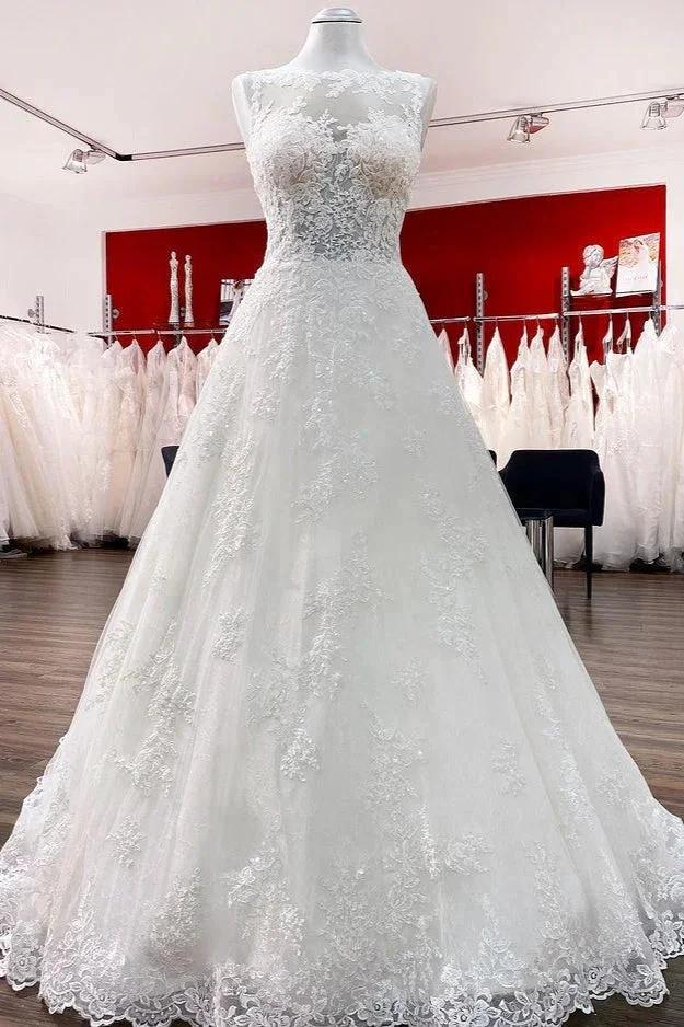 Long A-line Tulle Jewel Lace Appliques Wedding Dresses (ZD15254)