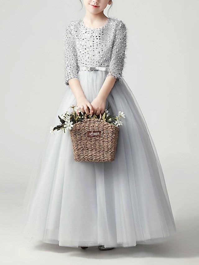 Long A-Line Tulle Jewel Neck Pageant Flower Girl Dresses With Sleeves