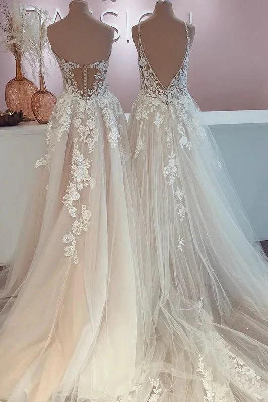 Long A-Line Tulle Lace Appliques Backless Wedding Dress (ZD15212)