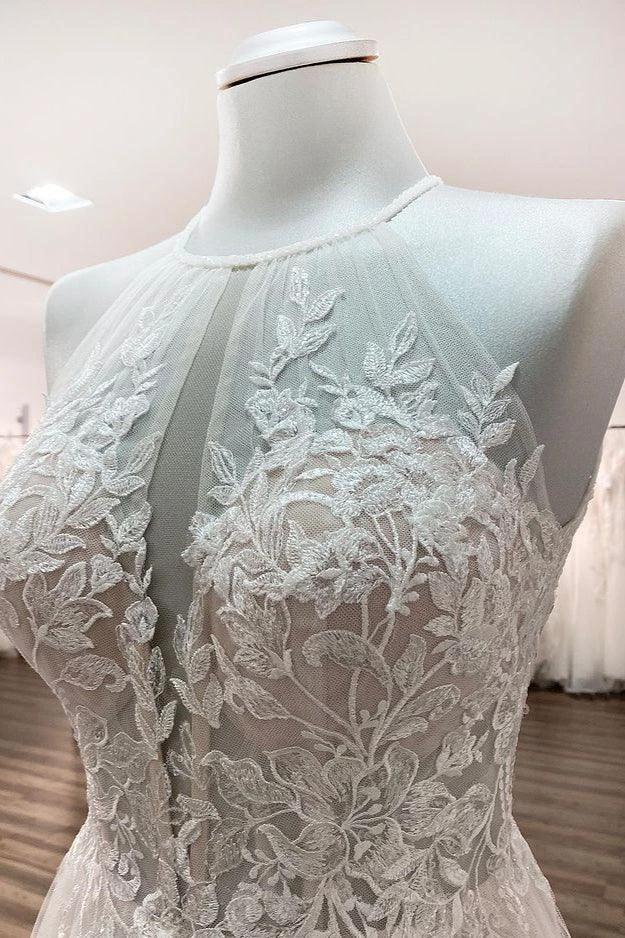 Long A-line Tulle  Open Back Halter Sleeveless Lace Wedding Dresses (ZD15248)
