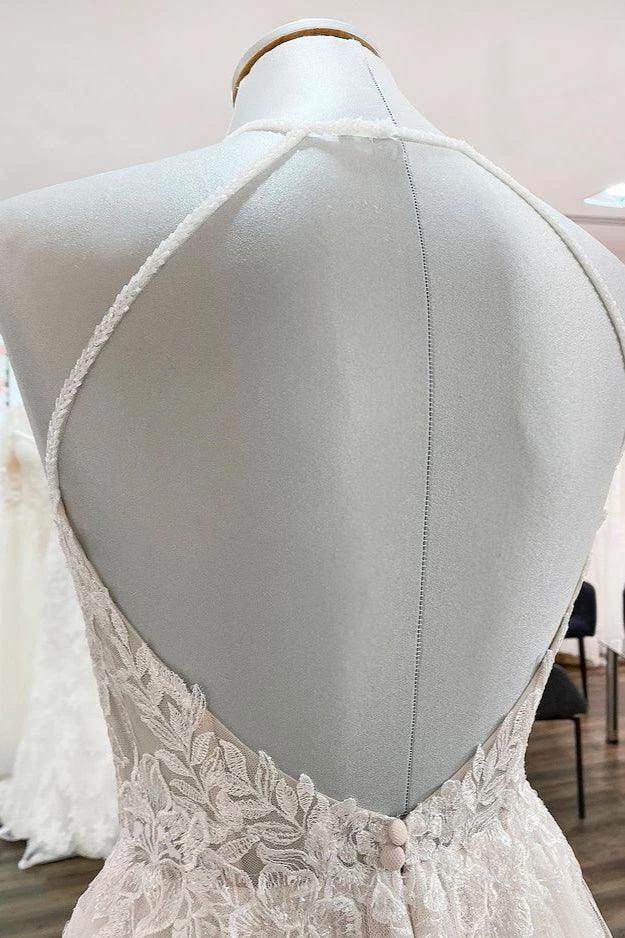 Long A-line Tulle  Open Back Halter Sleeveless Lace Wedding Dresses (ZD15248)