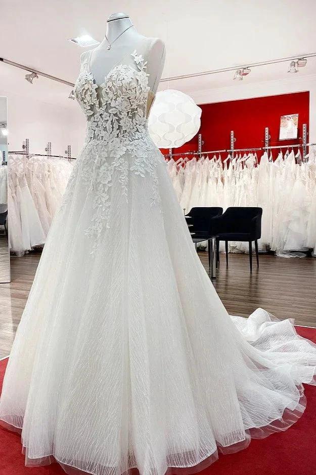 Long A-line Tulle Sleevless Ruffles Jewel Wedding Dress With Lace Appliques (ZD15269)