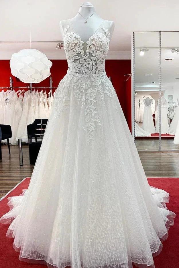 Long A-line Tulle Sleevless Ruffles Jewel Wedding Dress With Lace Appliques (ZD15269)
