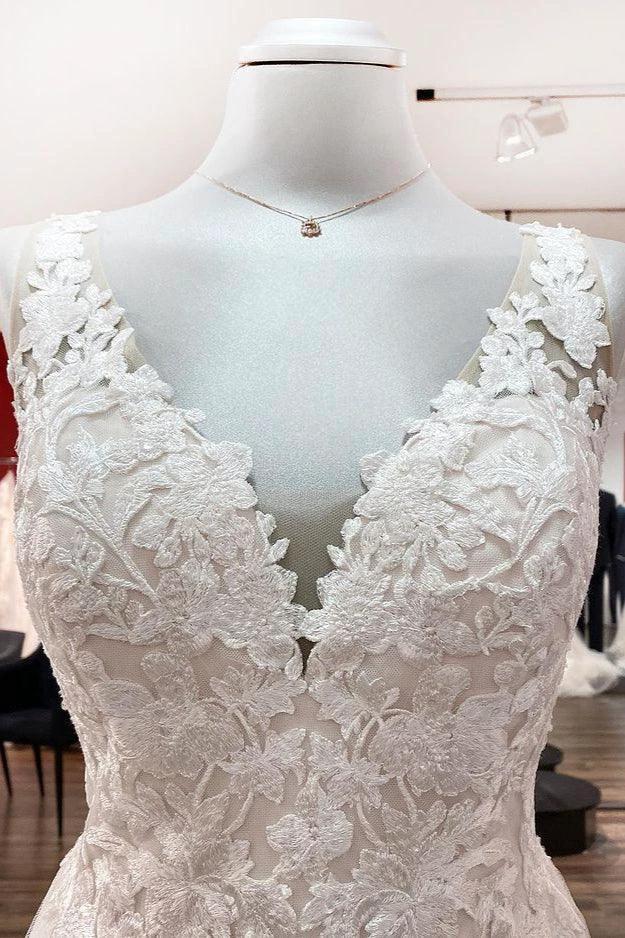 Long A-line Tulle V Neck Open Back Appliques Lace Wedding Dress (ZD15249)