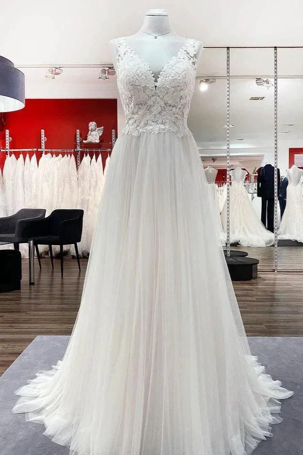 Long A-line Tulle V Neck Open Back Appliques Lace Wedding Dress (ZD15249)