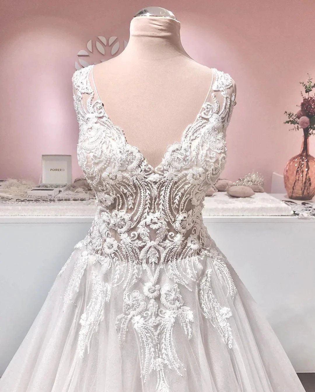 Long A-line V-neck Appliques Lace Backless Tulle Ruffles Wedding Dress (ZD15086)
