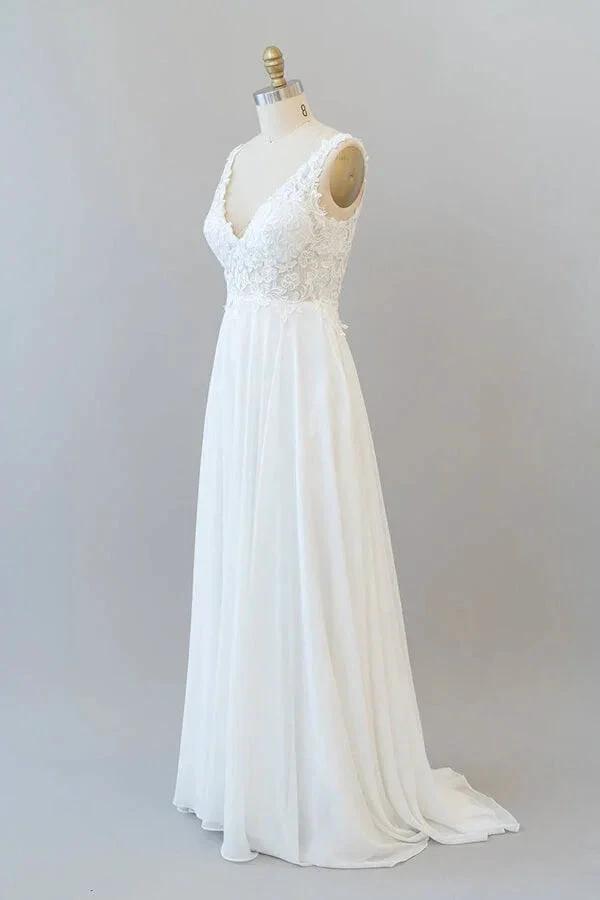Long A-line V-neck Appliques Lace Chiffon Wedding Dress (ZD14440)