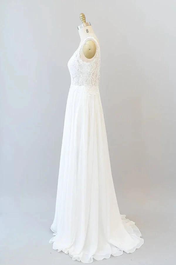 Long A-line V-neck Appliques Lace Chiffon Wedding Dress (ZD14440)