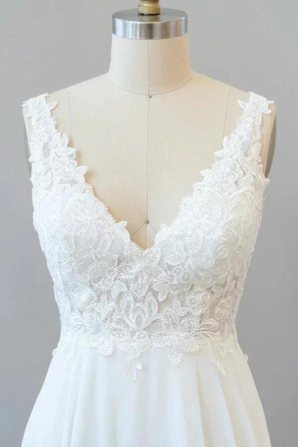 Long A-line V-neck Appliques Lace Chiffon Wedding Dress (ZD14440)