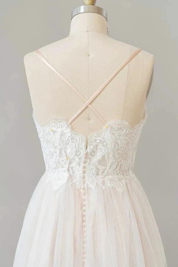 Long A-line V-neck Appliques Lace Tulle Backless Wedding Dress (ZD14399)