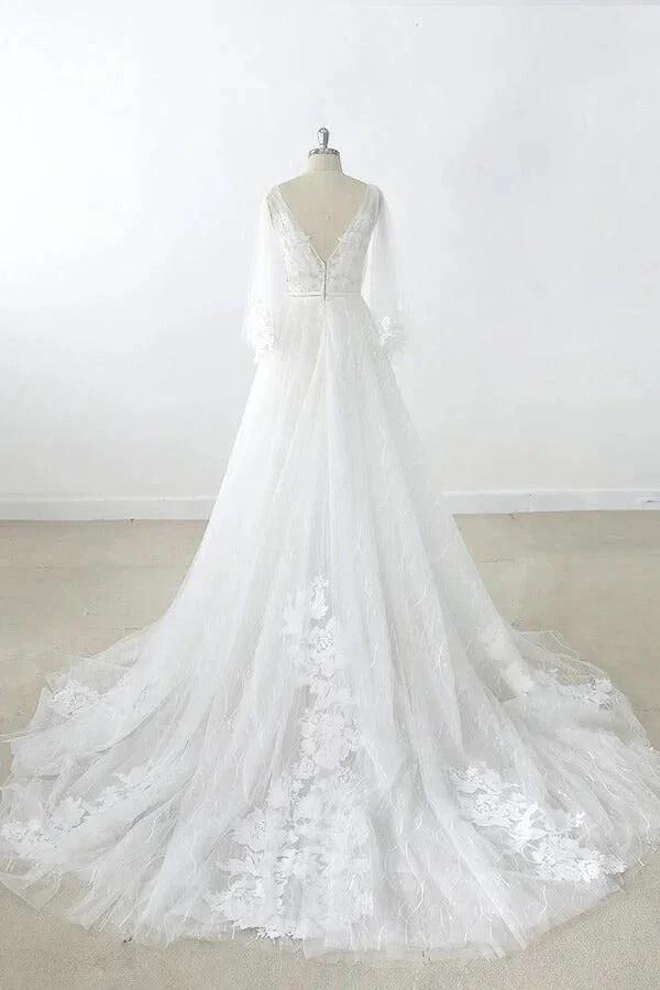 Long A-line V-neck Appliques Lace Tulle Backless Wedding Dress with Sleeves (ZD15788)