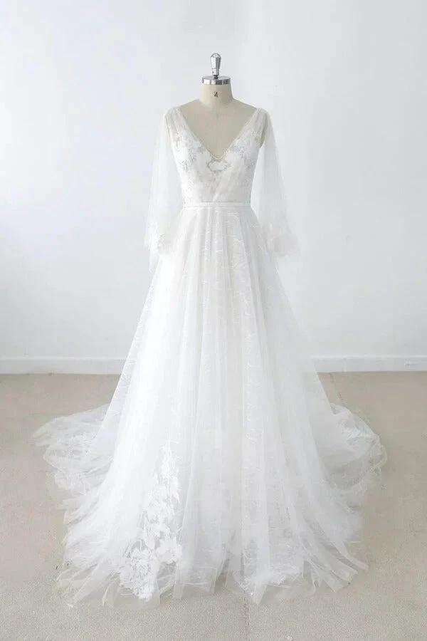 Long A-line V-neck Appliques Lace Tulle Backless Wedding Dress with Sleeves (ZD15788)