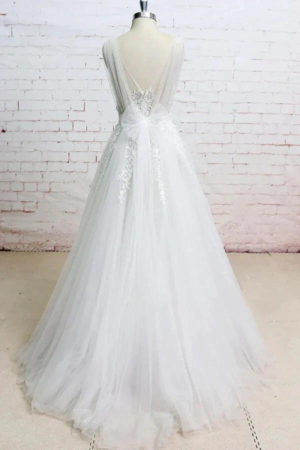 Long A-line V-neck Appliques Lace Tulle Wedding Dress (ZD14420)