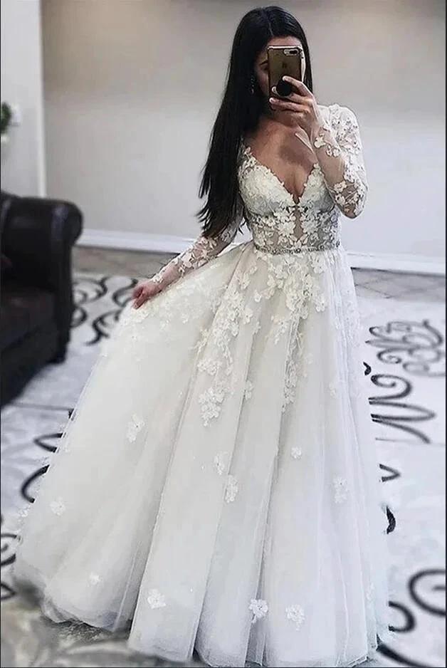 Long A-Line V-neck Appliques Lace Tulle Wedding Dress with Sleeves (ZD15109)