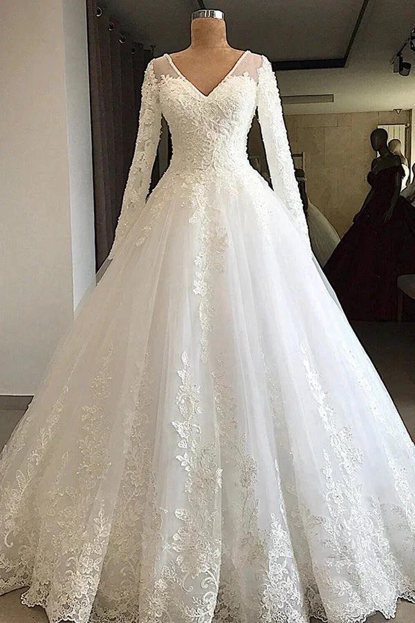 Long A-line V-neck Appliques Lace Tulle Wedding Dress with Sleeves (ZD15796)