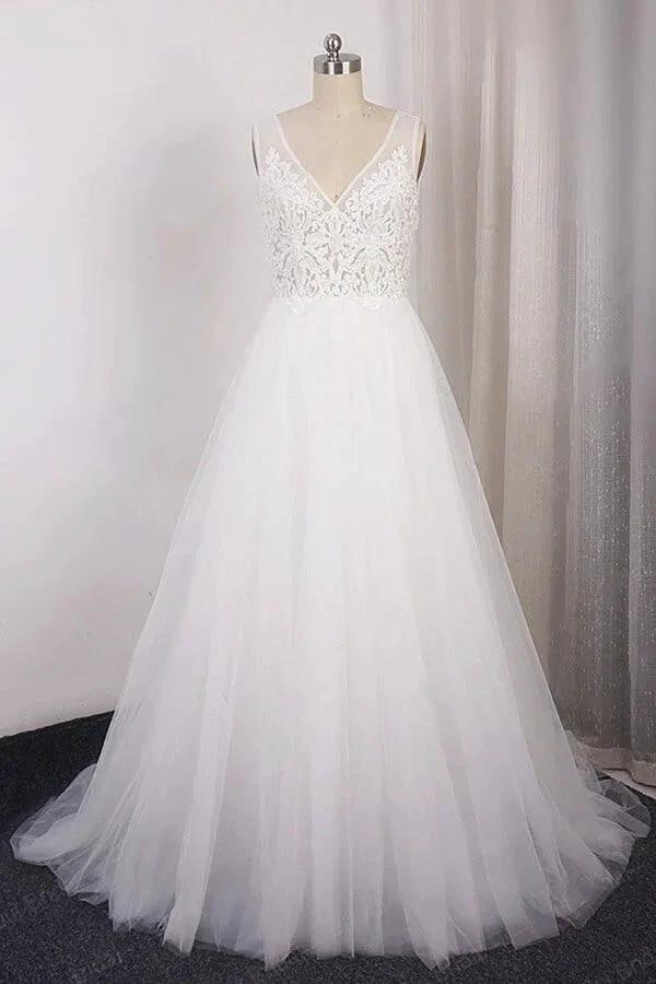 Long A-line V-neck Appliques Lace Tulle Wedding Dress (ZD14392)