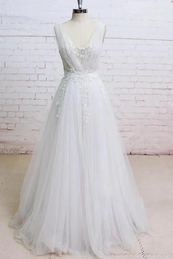 Long A-line V-neck Appliques Lace Tulle Wedding Dress (ZD14420)