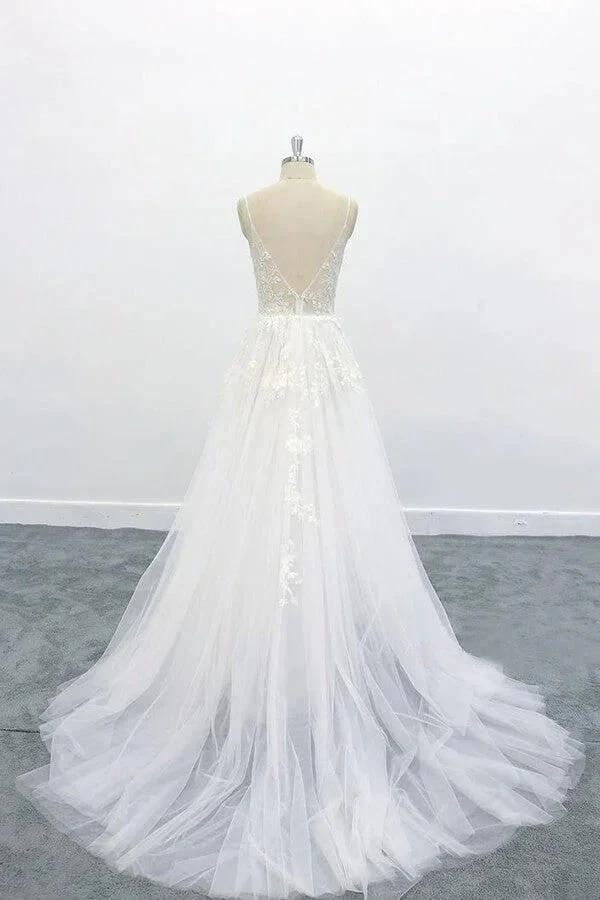 Long A-line V-neck Backless Appliques Lace Tulle Wedding Dress (ZD14425)