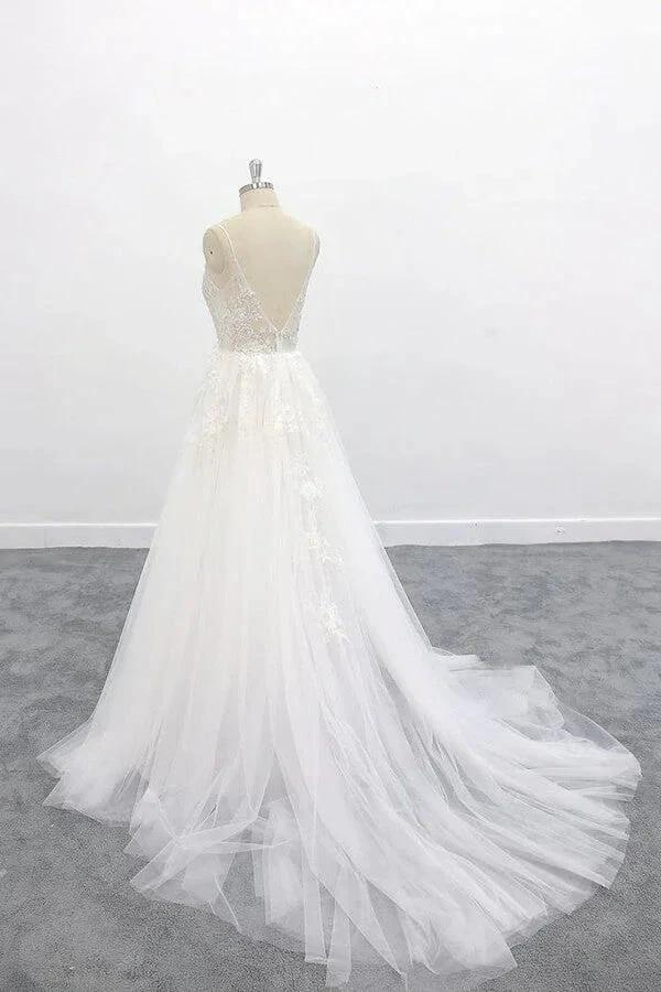 Long A-line V-neck Backless Appliques Lace Tulle Wedding Dress (ZD14425)