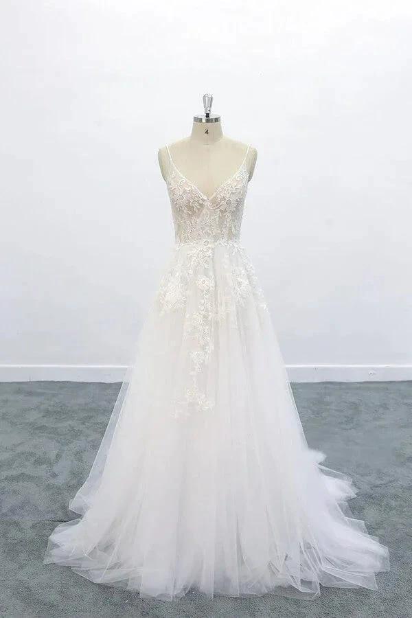 Long A-line V-neck Backless Appliques Lace Tulle Wedding Dress (ZD14425)