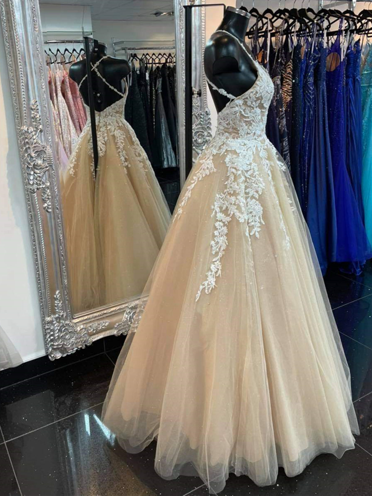 Long A-line V-neck Backless Tulle Prom Dress Champagne Lace Formal Evening Gowns - View 2 | VelvetHem