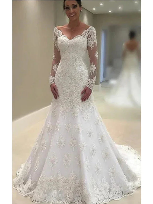 Long A-Line V Neck Court Train Lace Tulle Wedding Dresses with Sleeves (ZD15940)