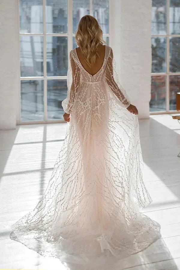 Long A-line V-neck Court Train Tulle Wedding Dress with Sleeves (ZD14398)