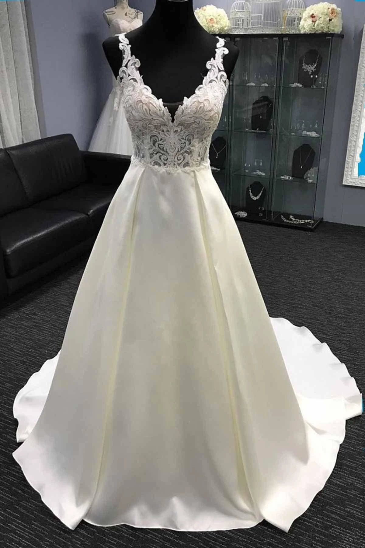 Long A-Line V Neck Halter Satin Wedding Dress (ZD15826)