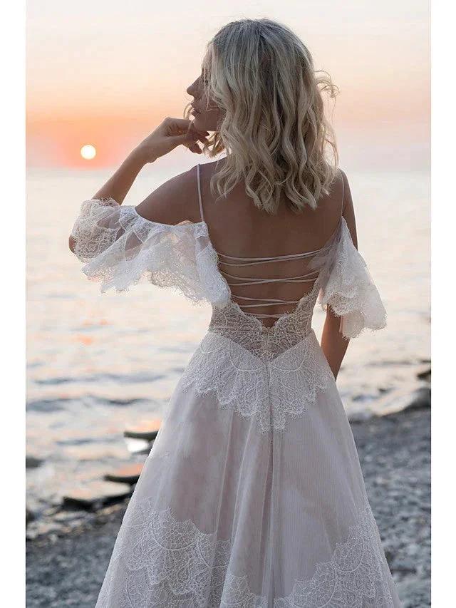 Long A-Line V Neck Lace Tulle Backless Wedding Dresses with Sleeves (ZD15951)