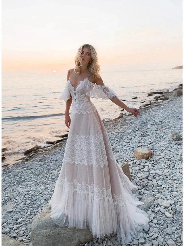 Long A-Line V Neck Lace Tulle Backless Wedding Dresses with Sleeves (ZD15951)