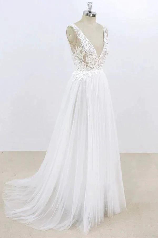 Long A-line V-neck Lace Tulle Open Back Wedding Dress (ZD15809)