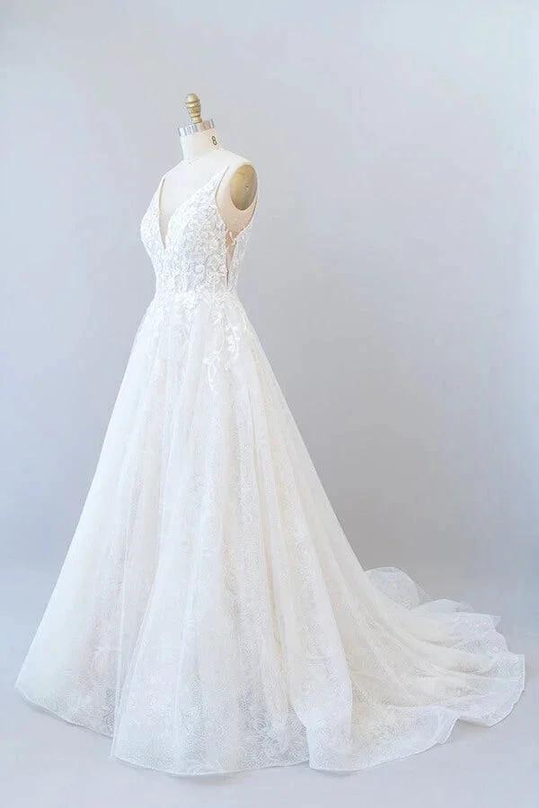 Long A-line V-neck Open Back Appliques Lace Tulle Wedding Dress (ZD15780)