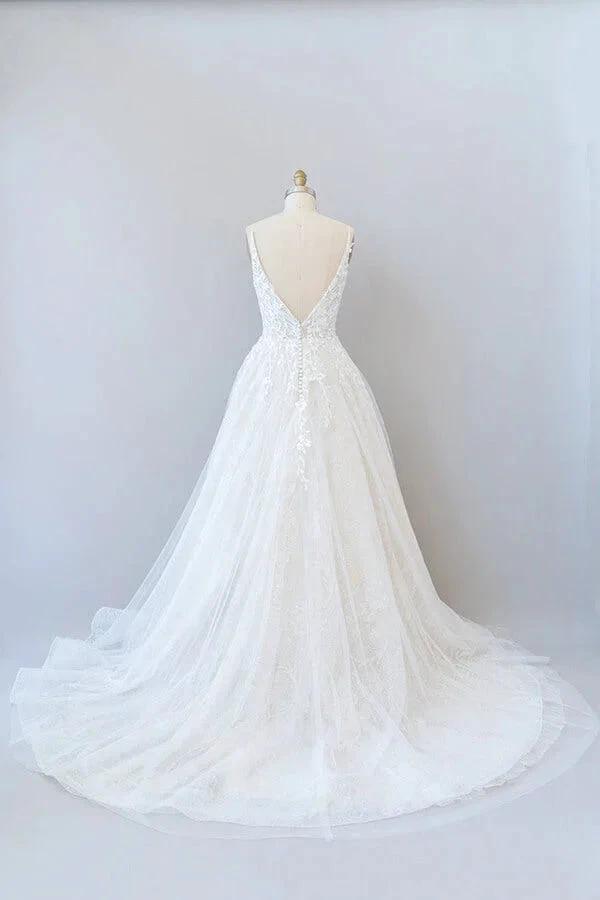 Long A-line V-neck Open Back Appliques Lace Tulle Wedding Dress (ZD15780)