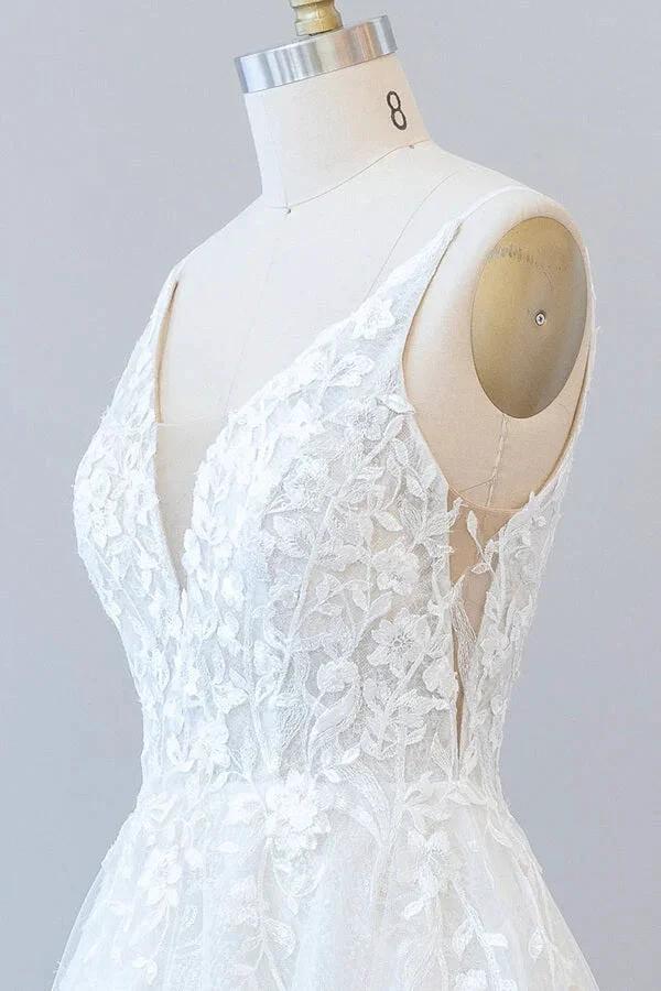 Long A-line V-neck Open Back Appliques Lace Tulle Wedding Dress (ZD15780)