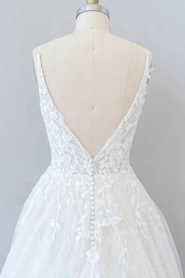 Long A-line V-neck Open Back Appliques Lace Tulle Wedding Dress (ZD15780)