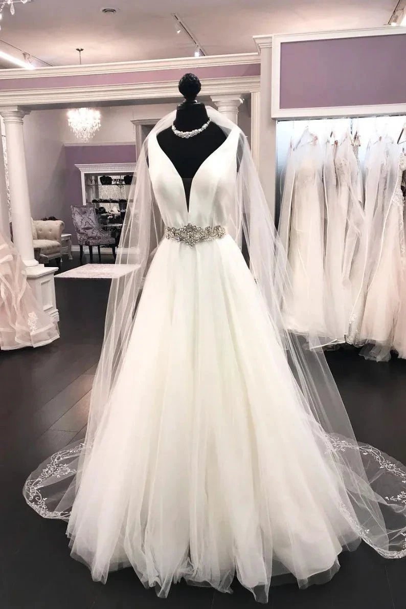 Long A-line V Neck Satin Tulle Wedding Dress (ZD15814)