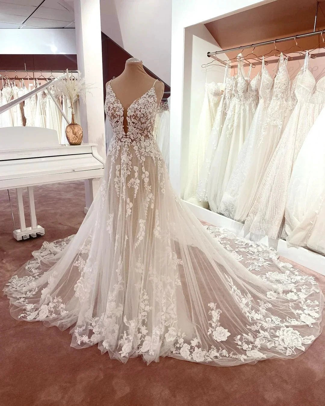 Long A-line V-neck Sleeveless Floral Lace Tulle Boho Wedding Dresses (ZD14418)