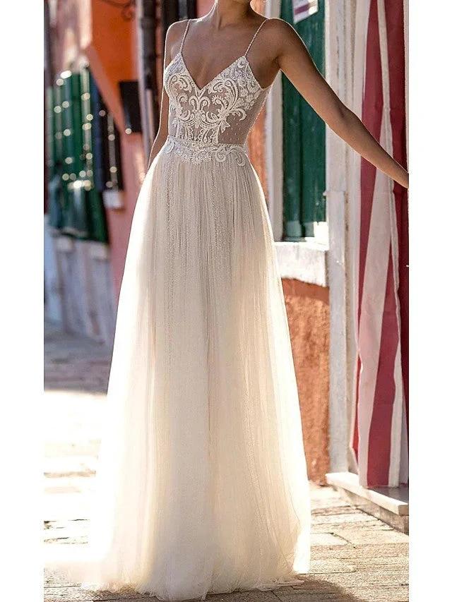 Long A-Line V-neck Spaghetti Strap Tulle Backless Wedding Dresses (ZD15929)