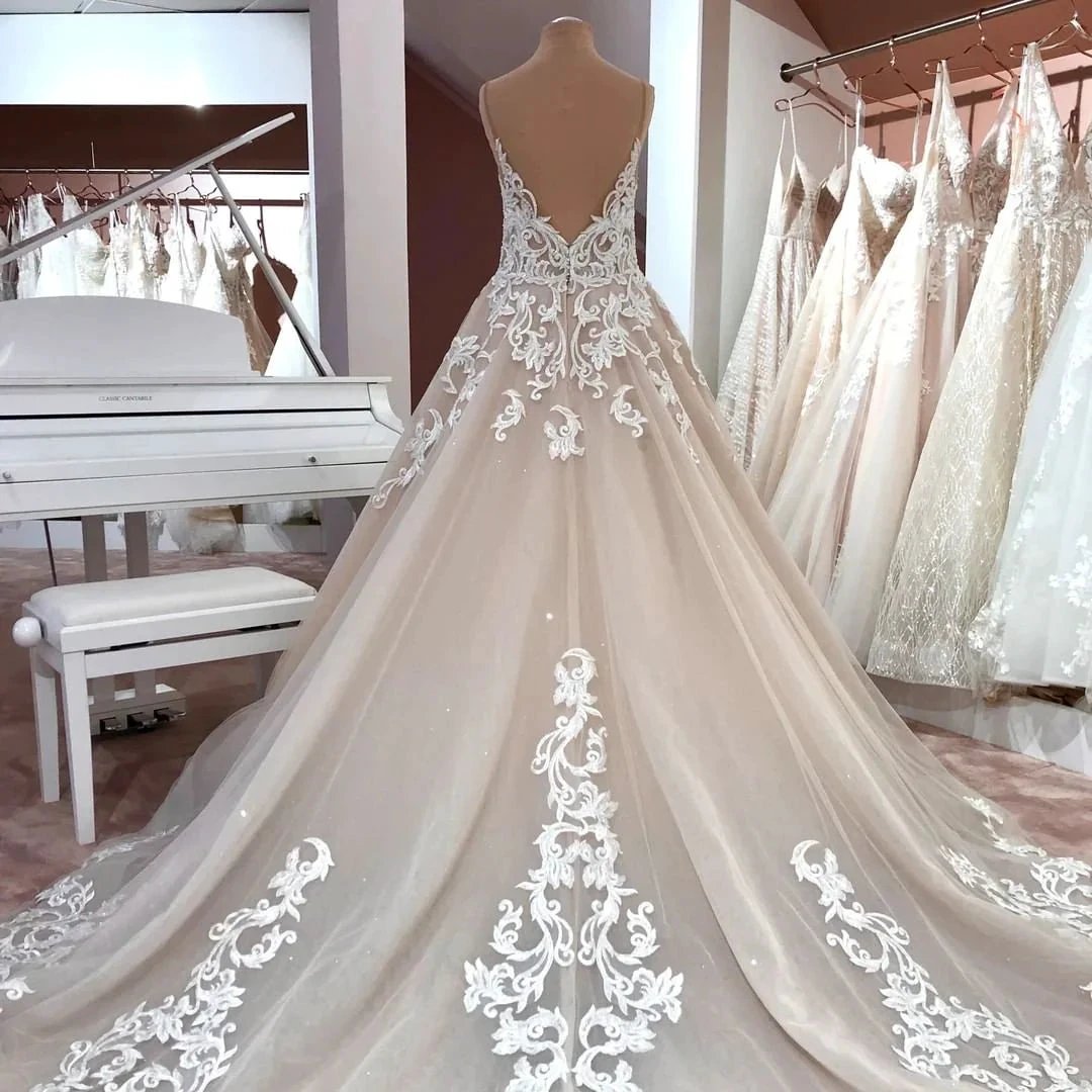 Long A-Line V-neck Spaghetti Straps Backless Appliques Lace Tulle Wedding Dress (ZD15096)
