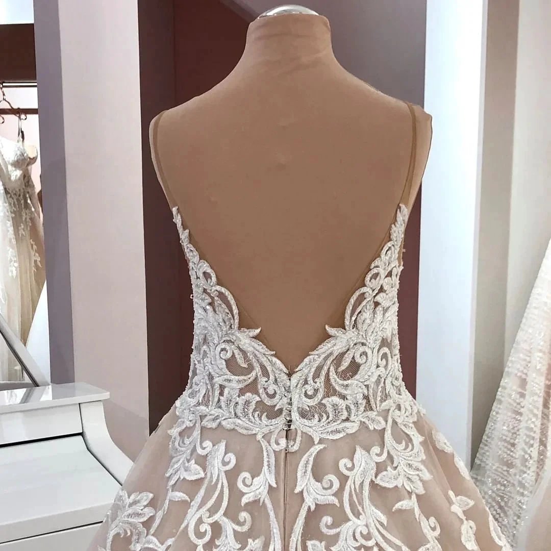 Long A-Line V-neck Spaghetti Straps Backless Appliques Lace Tulle Wedding Dress (ZD15096)